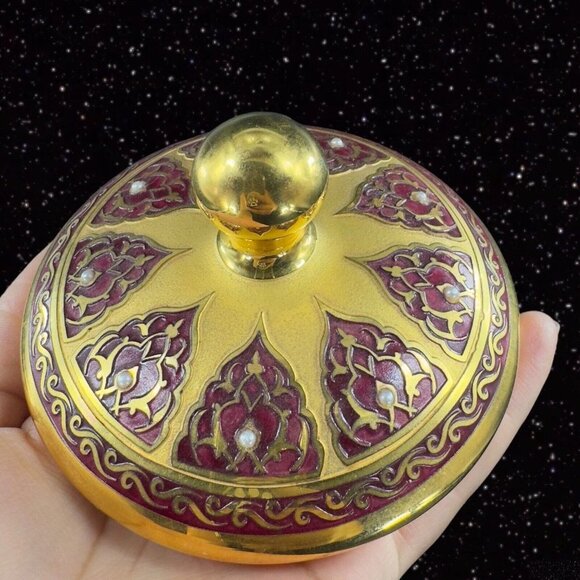 Decorium Turkish Glass Handcrafted Candy Dish Bowl Gold Gild W Lid Marked VTG - Picture 12 of 16